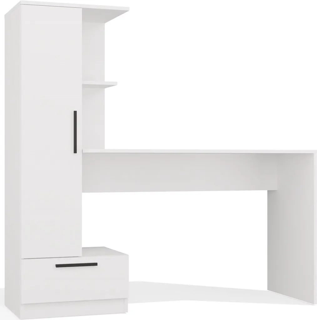 Bureau d'angle blanc avec grand plateau pour ordinateur et dossiers