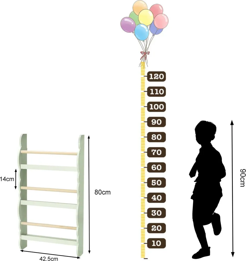 Meuble de rangement livres enfant vert clair en bois de pin 4 niveaux