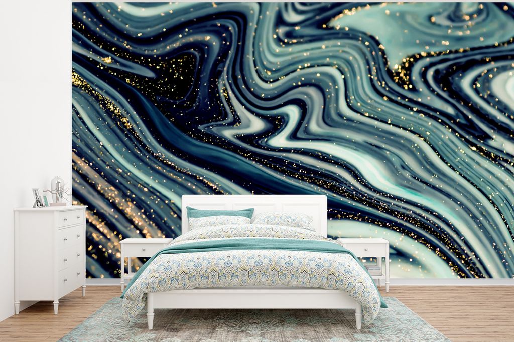 MuchoWow Fototapete für Wohnzimmer oder Schlafzimmer Wandtapete Vinyl Motivtapete Marmor - Gold - Blau - Glitter - Marmoroptik - Abstrakt - 295x...
