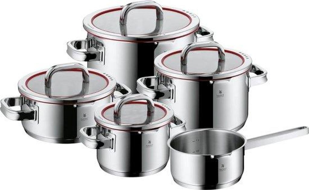 Premium-Panenset - 5-teilig - für Induktionskochfeld geeignet - gläserner innovativer Deckel mit 4 Ausschüttfunktionen - Handgriffe bleiben kalt...