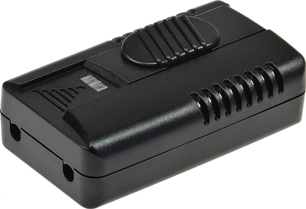 A black electronic device with a dial on top, shown from a slightly elevated angle against a white background.