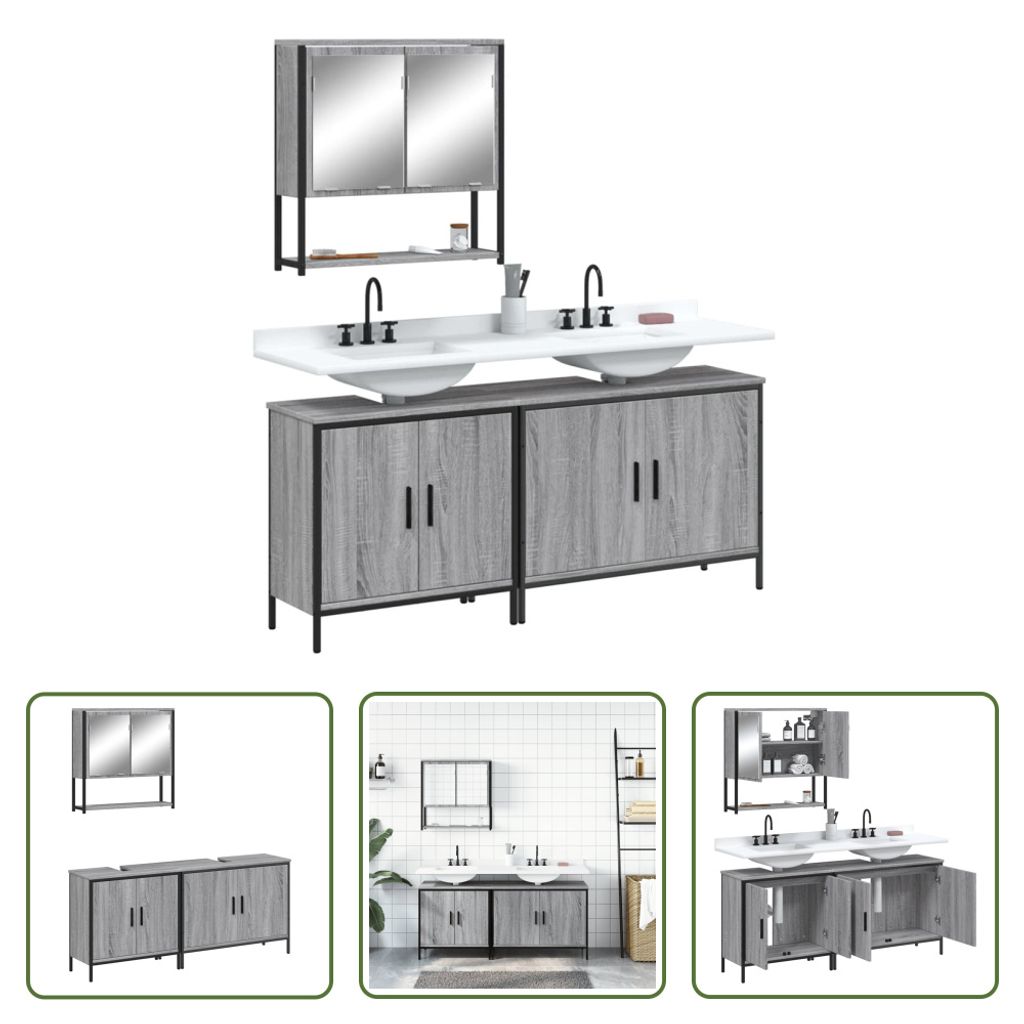 The Living Store 3-tlg. Badmöbel-Set Grau Sonoma Holzwerkstoff