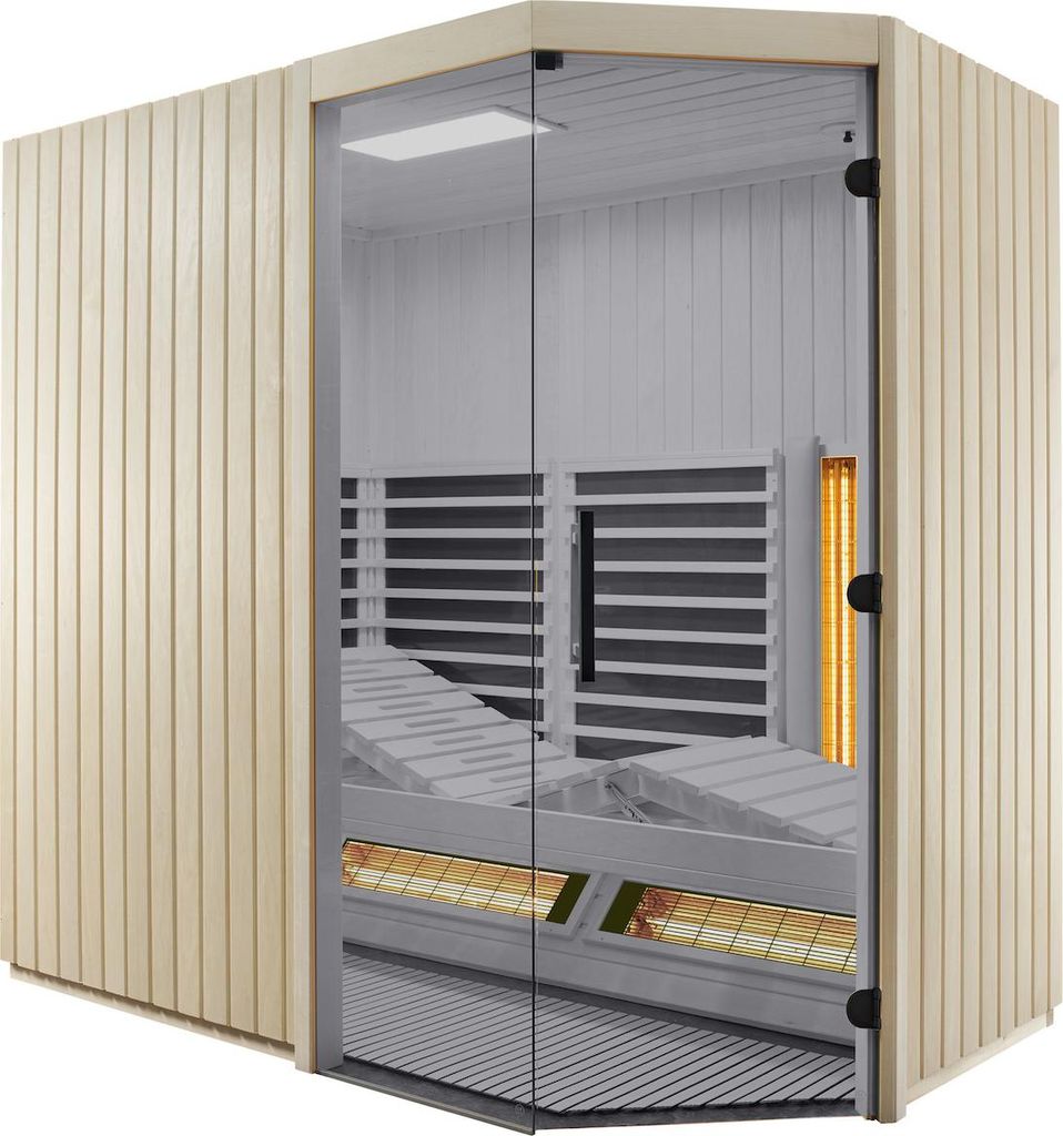 Infraworld Infrarotkabine TrioSol Sera mit Grauglas aus Tanne 214x128x203cm Eckeinstieg rechts