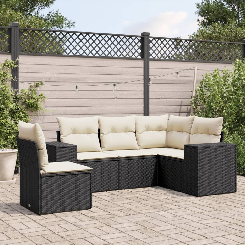 Design 5-tlg. Garten-Sofagarnitur mit Kissen Schwarz Poly Produktbild 