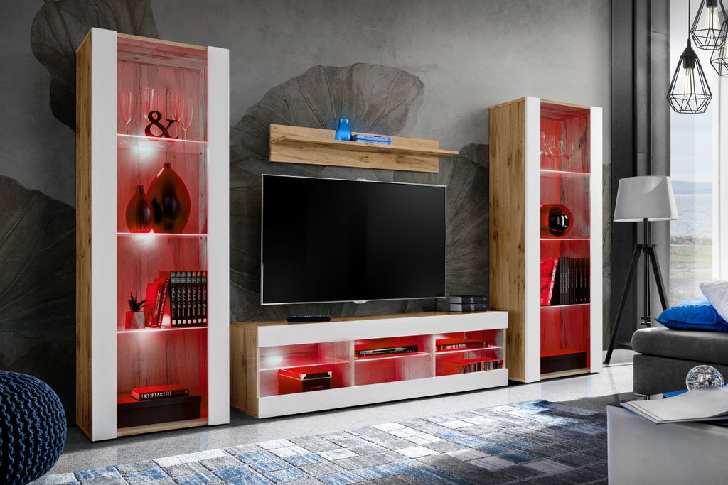 Komodee | Wohnwand Wohnzimmerset Tivoli Grande, Korpus Wotan Matt Frontfarbe Weiß Matt, LED RGB