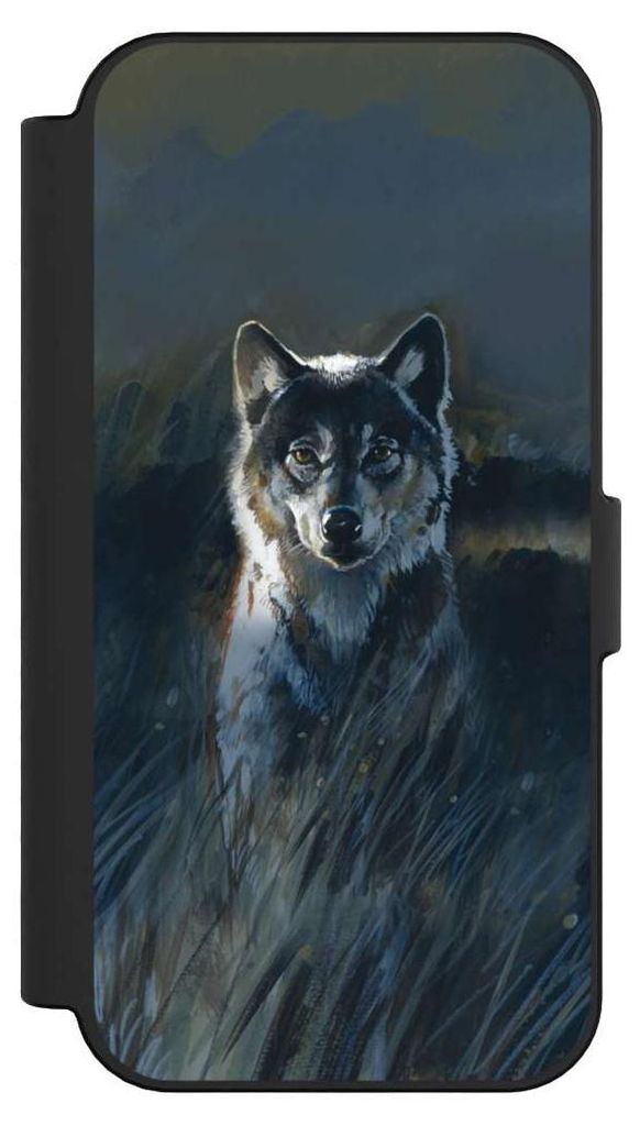 NIVOCASE Klapphülle für Apple iPhone 16 Handyhülle aus Kunst Leder NIVOflip schwarz Malerei Natur Wolf