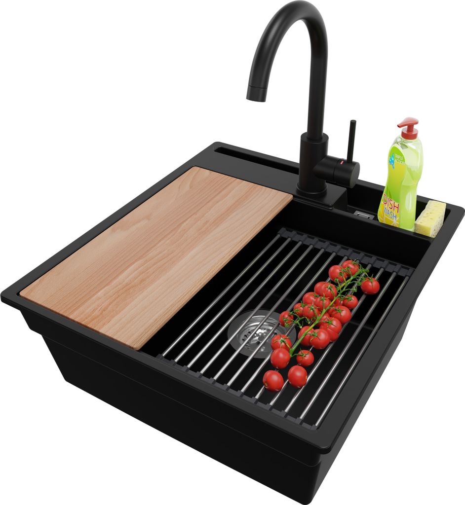 PRIMAGRAN Granitspüle Schwarz 48x53cm, Spülbecken 1 Becken + Ablauf-Set + Küchenzubehörset, Küchenspüle ab 50er Unterschrank - Oslo Pocket