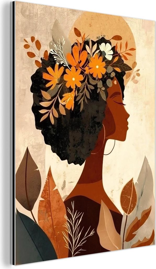 MuchoWow Wanddekoration Metall Metallbild Wandkunst 90x120 cm Frau - Locken - Blumen - Beige MuchoWow Aluminium Gemälde - Industrial
