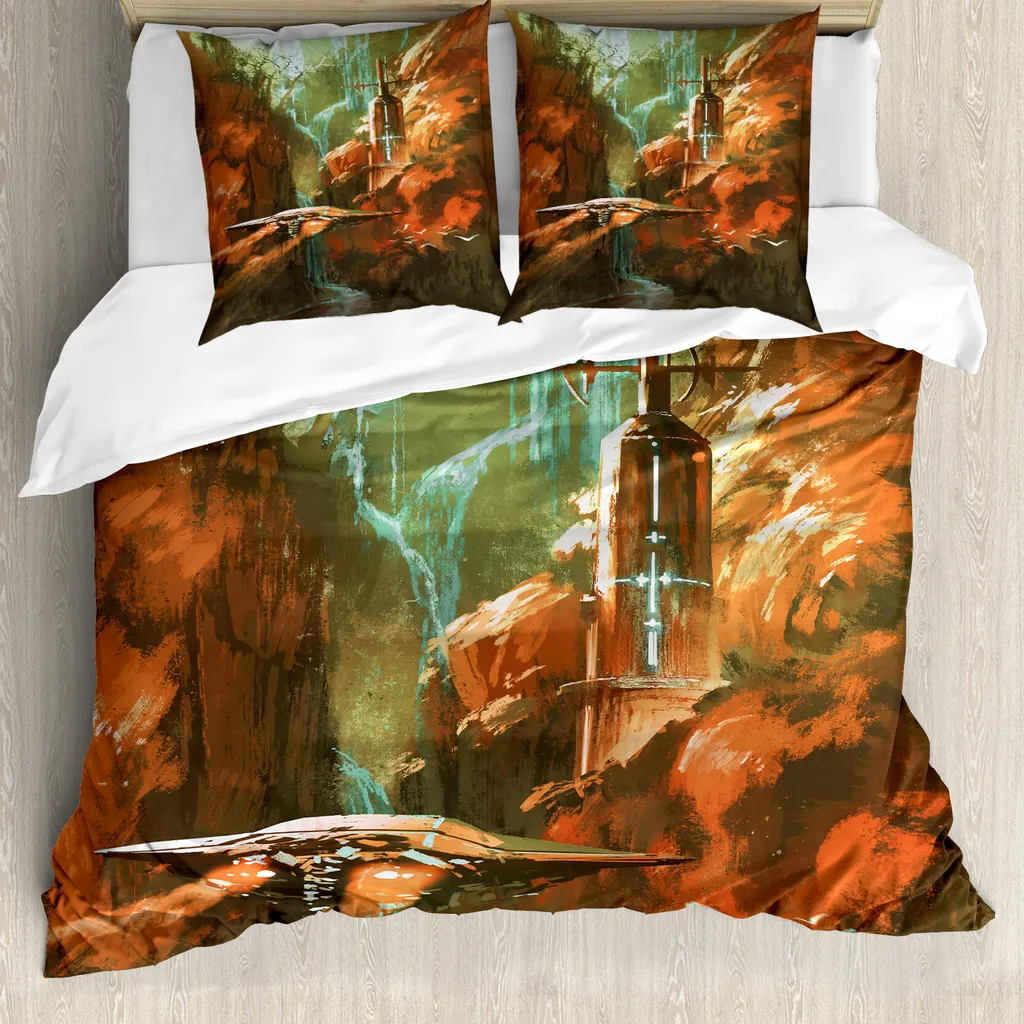 ABAKUHAUS Set copripiumino fantasia per letti matrimoniali, astronave nella gola, antiacaro, adatto a chi soffre di allergie, con federe, marrone