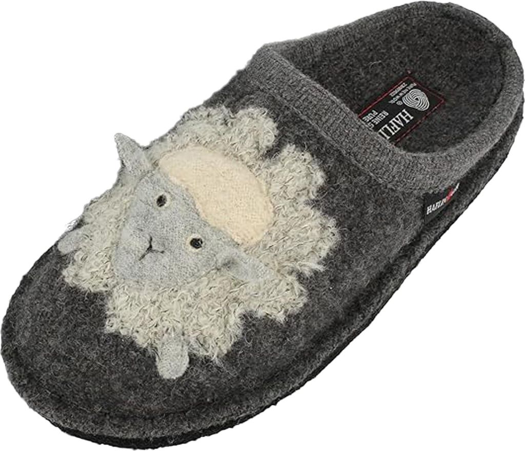 Haflinger Damen Pantoffel Filz reine Schurwolle Schaf Applikation Lamby 313101, Größe:42 EU, Farbe:Grau