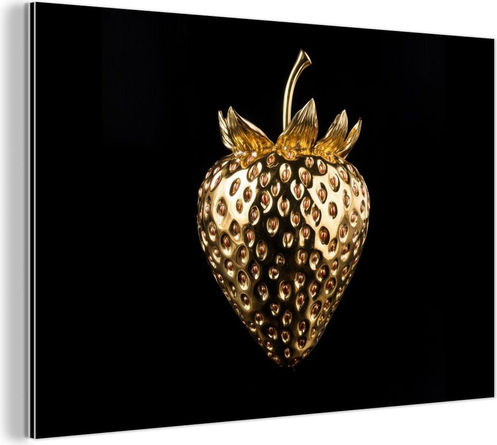 MuchoWow Wanddekoration Metall Metallbild Wandkunst 90x60 cm Erdbeere - Gold - Schwarz - Chrom MuchoWow Aluminium Gemälde - Wandbilder