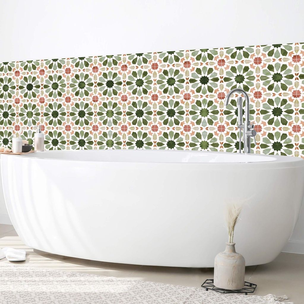 Wandverkleidung Bad mit Motiv selbstklebend - 0.35 mm Wandpaneel matt wasserfest Design grün Fliesenoptik Illustration Badrückwand fugenlos 300x5...