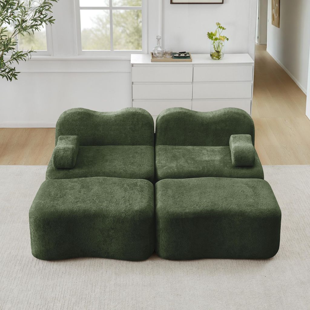 STILVORA 2-Sitzer Modulares Sofa mit 2 Ottomans, Boneless Sofa aus 32D Hochdichtschaum für hohen Komfort, Modulares Sofa mit Armlehnenkissen mit b...