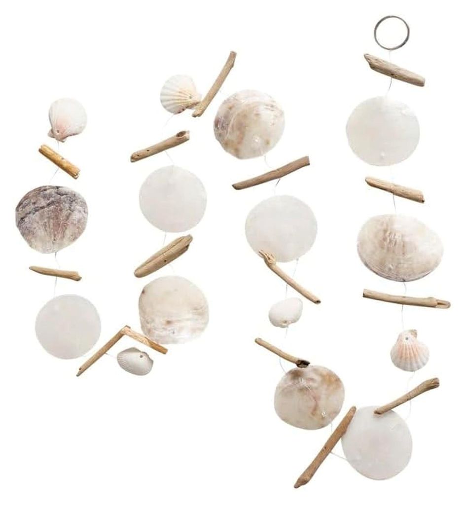 Capiz-Girlande aus Muscheln mit Treibholz – Maritime Hängedeko für Fenster, Wand und Tür, Küsten-Boho Strandhaus Deko, Weiß/Natur