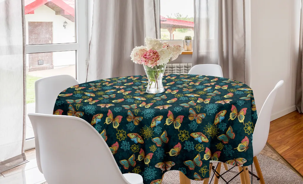 Tovaglia Esterna Rotonda 150cm ABAKUHAUS - Fiori Blu Petrolio