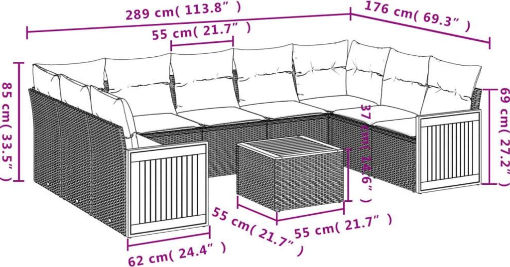 vidaXL 10-teiliges Gartensofa-Set mit Kissen, schwarzes Polyrattan