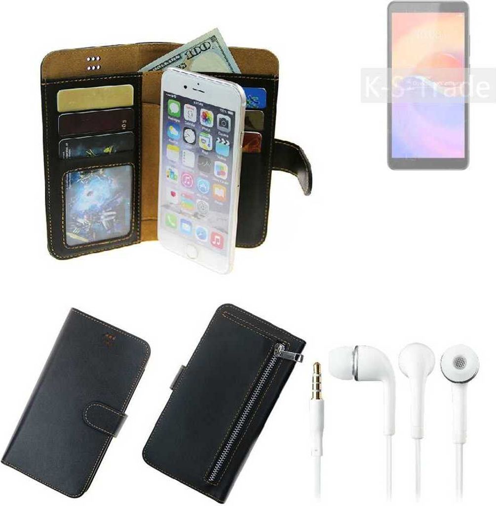 TOP SET Handy Hülle Schutz Hülle kompatibel mit ZTE Blade A31 Plus schwarz aus Kunstleder + Kopfhörer Smartphone Tasche vollwertige Geldbörse