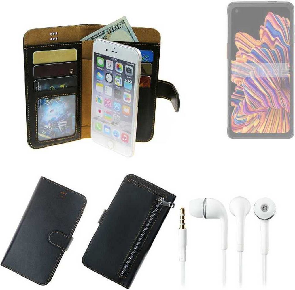 TOP SET Handy Hülle Schutz Hülle kompatibel mit Samsung Galaxy XCover Pro schwarz aus Kunstleder + Kopfhörer Smartphone Tasche vollwertige