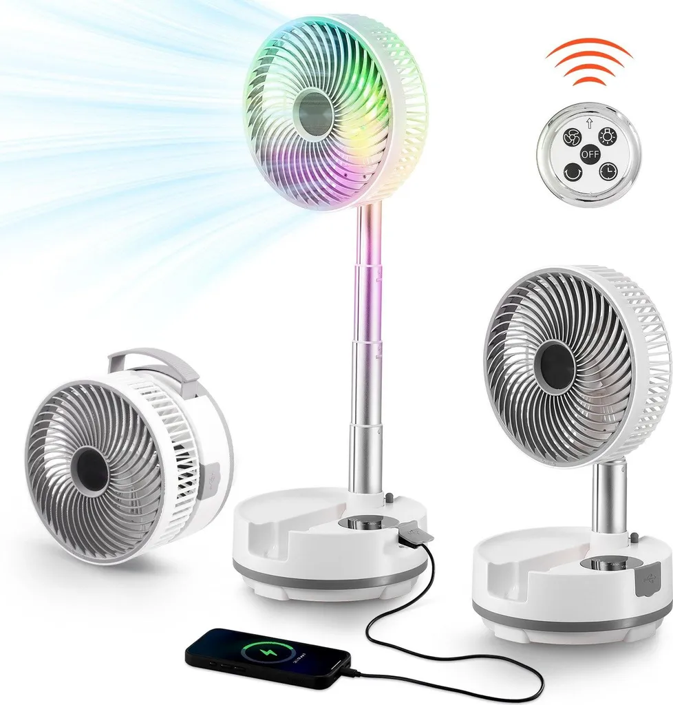 Ventilatore pieghevole a batteria - Ventilatore da tavolo e da pavimento 20 cm - Con telecomando - 3 in 1 - 8 velocità - Oscillazione a 90° - Portatile