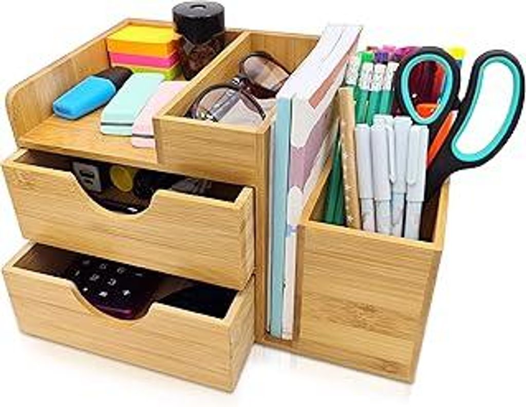 DGREGIO Schreibtisch Organizer Bambus, Nachhaltiger Büroorganizer mit Stiftehalter, Stifteköcher und Schubladen für Büroutensilien HxBxT: 16,5x...