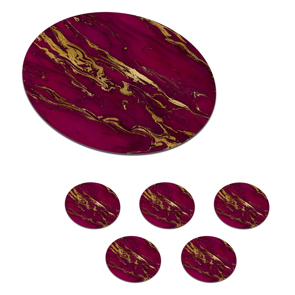 KitchenYeah Glasuntersetzer Rund 6er Set Marmor - Rosa - Gold - Linie 10x10 cm Untersetzer für Gläser - Getränkeuntersetzer - Tischplattensch...