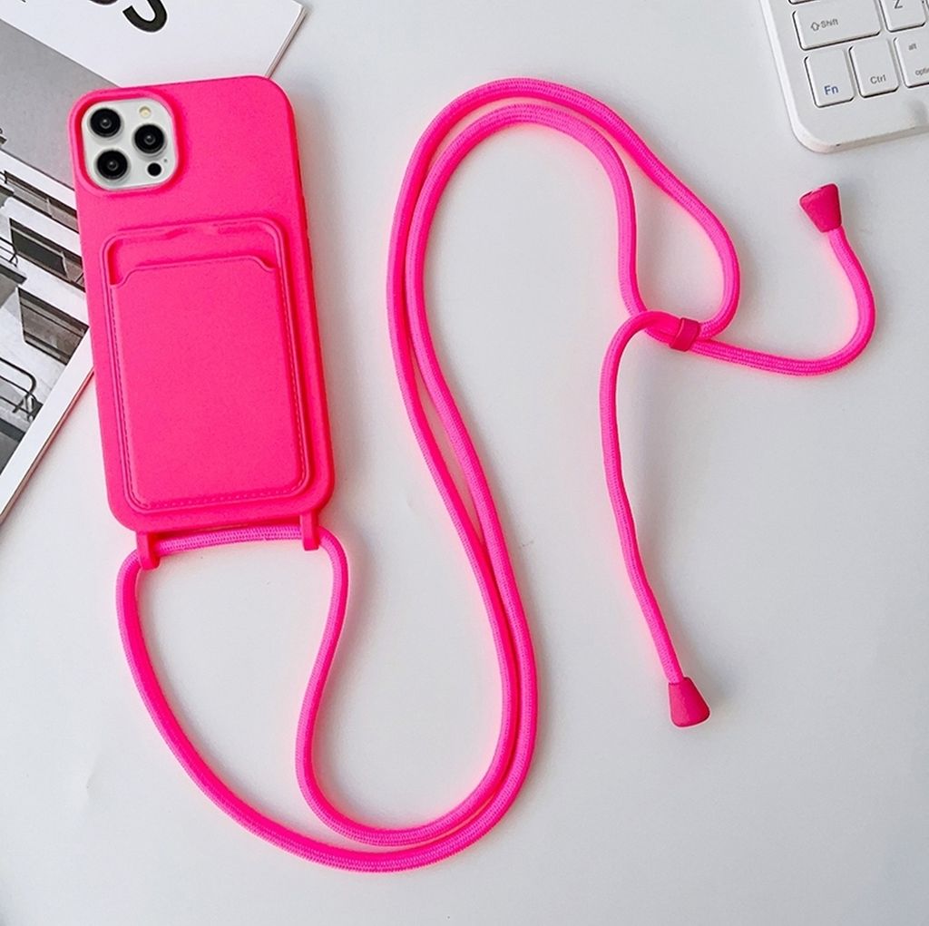 Mobigear Lanyard Card iPhone 15 Pro Max Silikon Handykette mit Kartenhalter - Rot