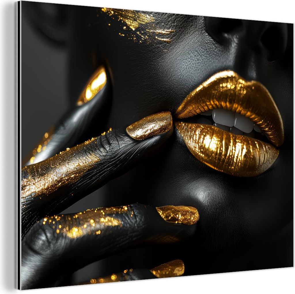 MuchoWow Wanddekoration Metall Metallbild Wandkunst 80x60 cm Lippen - Gold - Abstrakt - Schwarz - Frau MuchoWow Aluminium Gemälde - Alubild