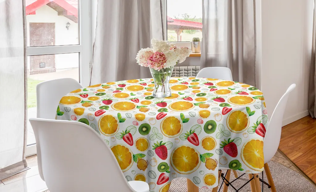 ABAKUHAUS Tovaglia rotonda con motivi frutta, agrumi freschi kiwi limone, tovaglia circolare per sala da pranzo cucina decorazione, 150 cm, giallo terra verde lime