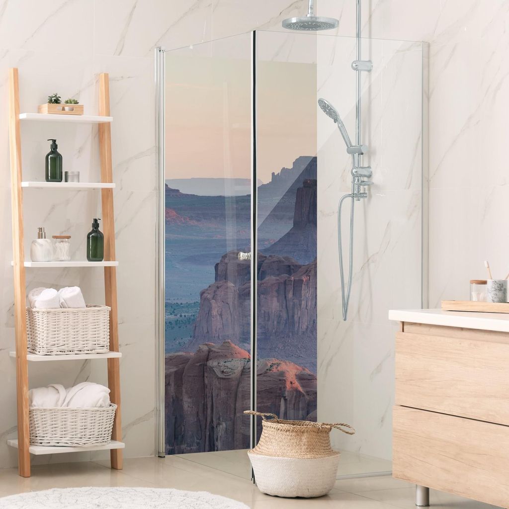 Duschrückwand Natur selbstklebend - 0.61 mm Wandpaneel wasserfest Wüste violett Steinoptik Motiv Badrückwand fugenlos Premium matt 80x190 cm