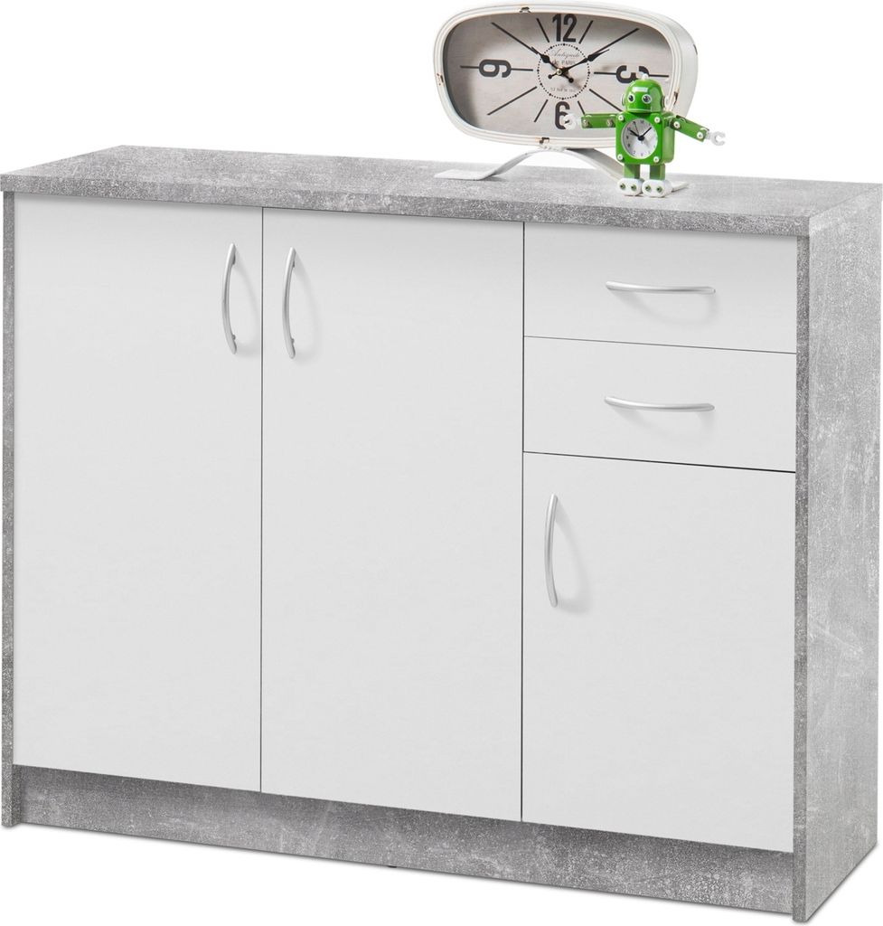 Kommode - Betondekor - Weiß matt - 109 x 112 cm - 3 Türen - 2 Schubladen - 5 Einlegeböden
