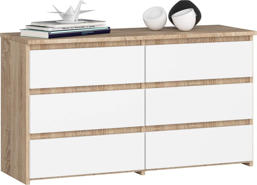 Kleine Kommode AKORD CL100 Sonoma-Eiche, Weiß 6 Schubladen B100 x H57 x T35 cm