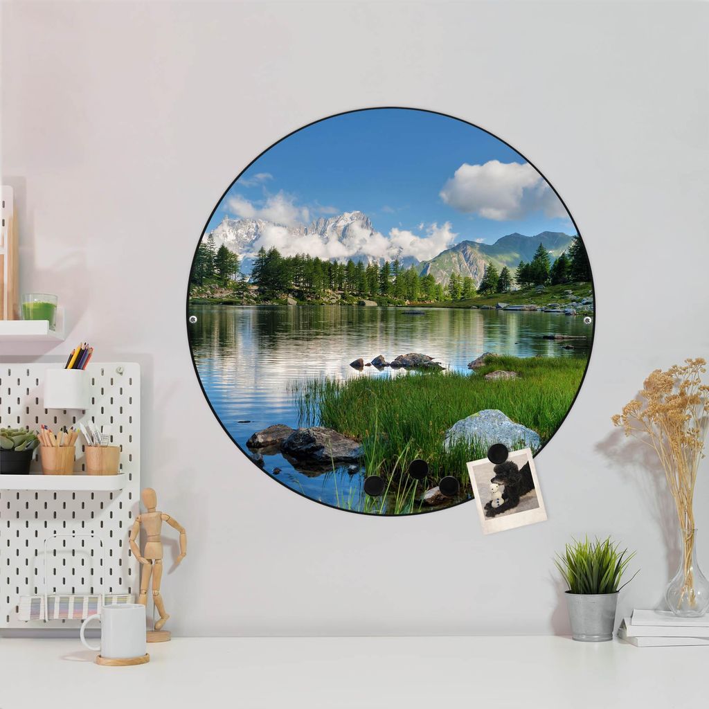 Design Stahlmagnettafel Schwarz Rund 47cm Gebirgssee