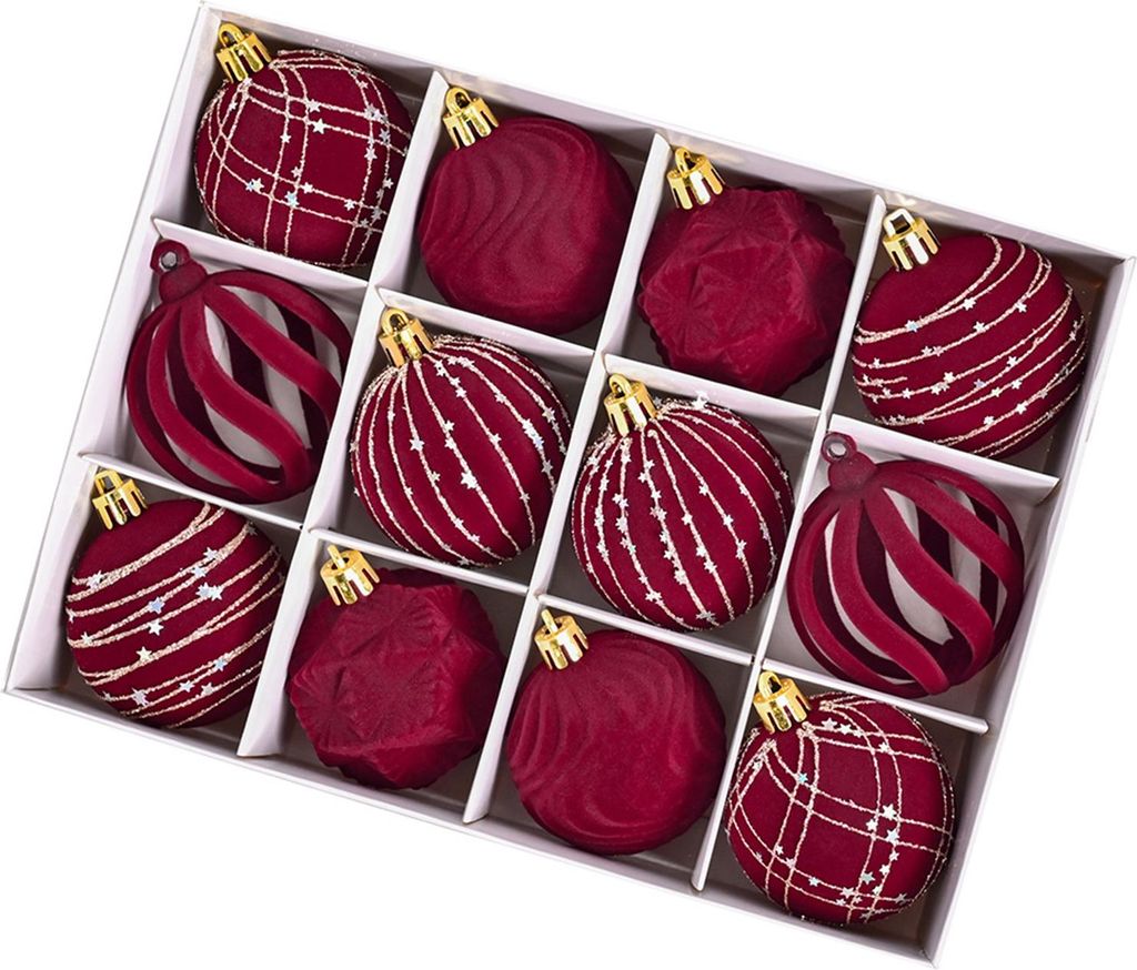 12 Stück Samt-Weihnachtskugeln, dekorative Kunststoffornamente, Weihnachtsbaumschmuck für Weihnachten, Hochzeiten und Partys