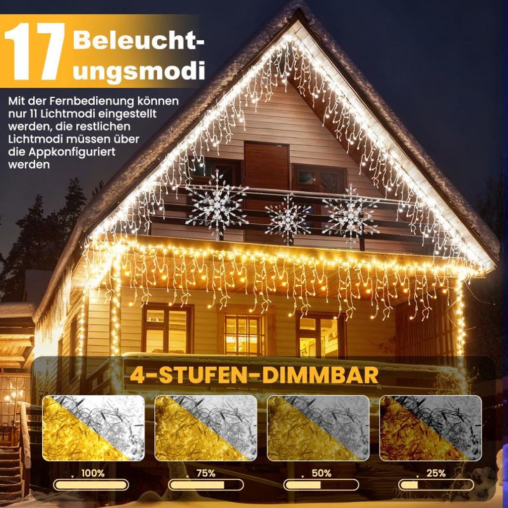 YUENFONG LED Lichtervorhang Eisregen – 10 M, 400 LEDs, 8 Modi, IP44 Wasserdicht, Warmweiß