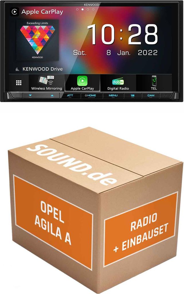 Autoradio Einbaupaket Kenwood DMX8021DABS passend für Opel Agila A mit Multifunktionslenkrad | (Wireless) Apple CarPlay (Wireless) Android Auto