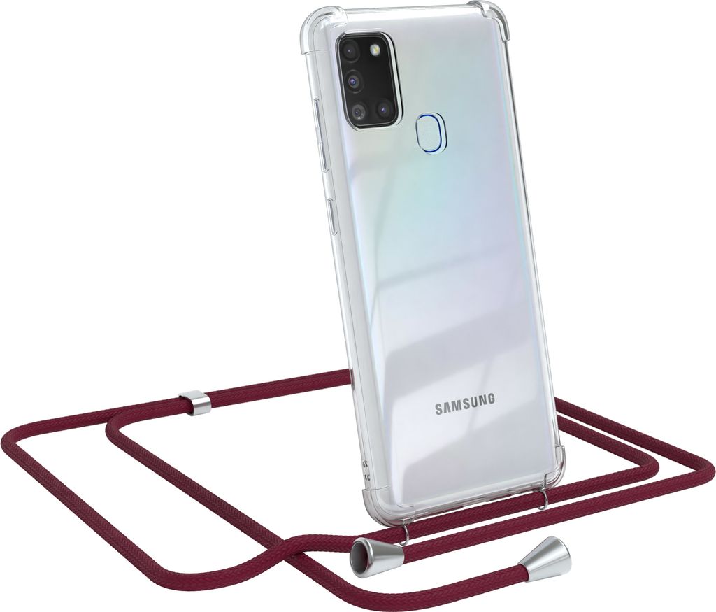 EAZY CASE Handykette kompatibel mit Samsung Galaxy A21s, Handyhülle mit Umhängeband, Handykordel, Schutzhülle Clear, Band in Rot