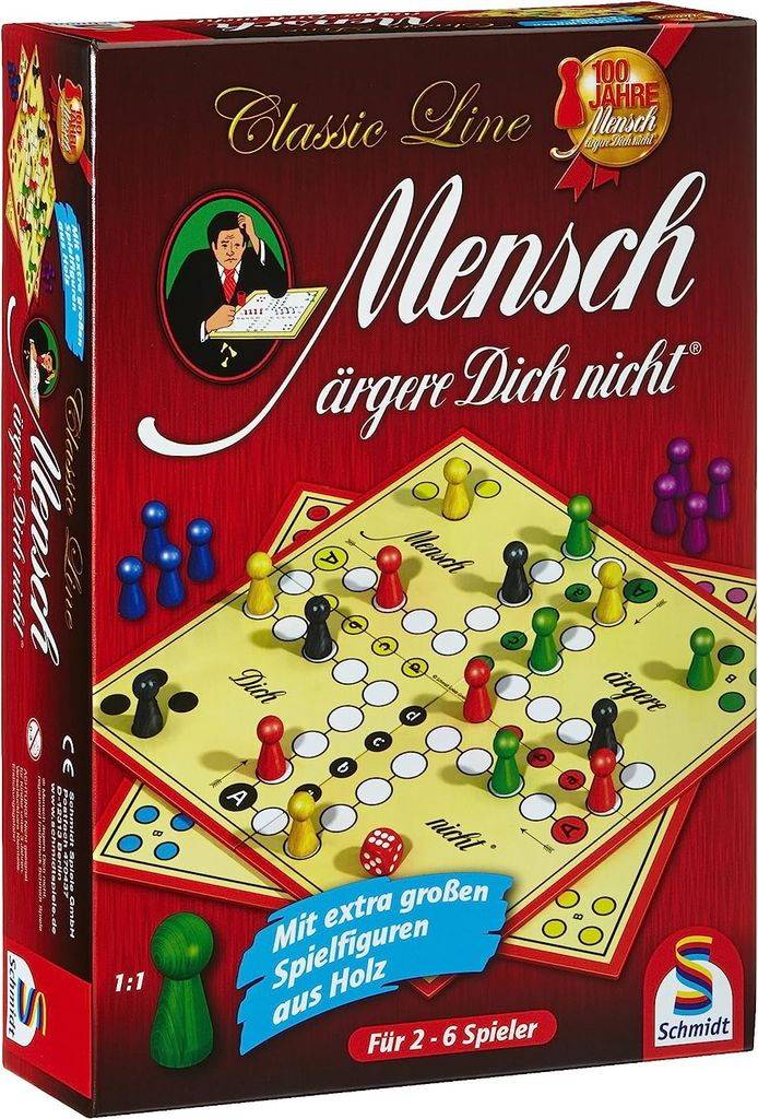 The image shows the packaging of the board game 'Mensch ärgere Dich nicht' from the 'Classic Line'. The packaging features the game board with playing pieces, a dice, and promotional text.