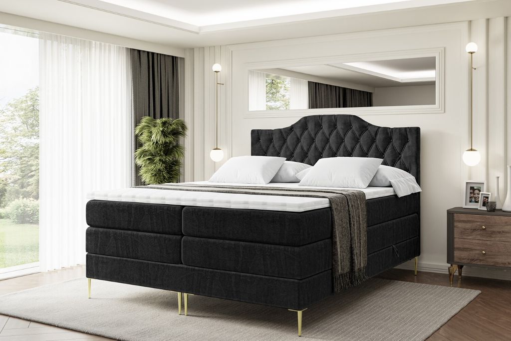 ALTDECOR Boxspringbett mit Gold Füßen, Matratze und Lattenrost, Topper, Polsterbett mit Bettkasten, Bett mit Stauraum H3- und H4- Matratze, Doppe...