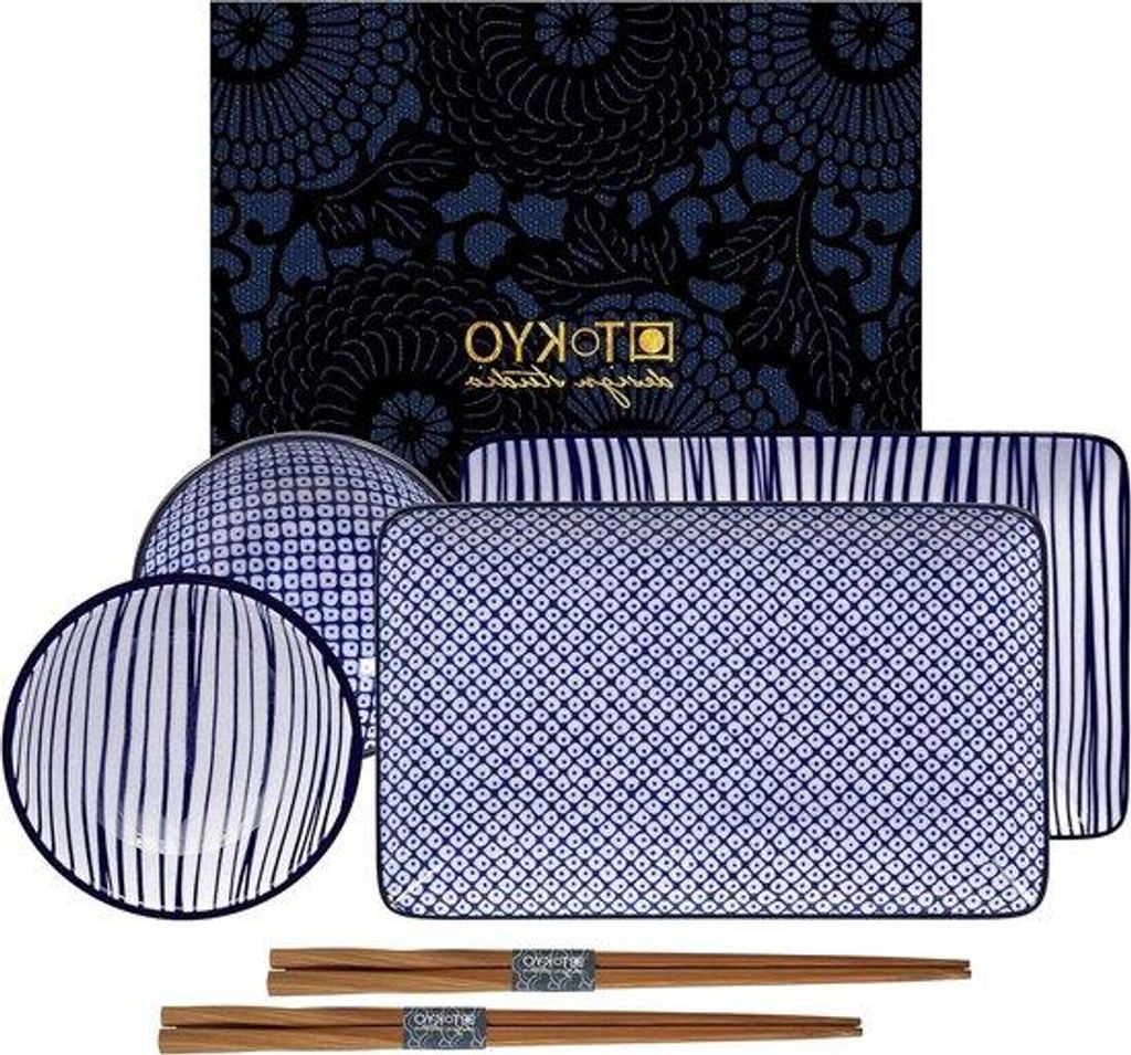 Sushi-Set aus blauem und weißem Aziatischem Porzellan 6 Stücke Japans Design mit Geschenkverpackung