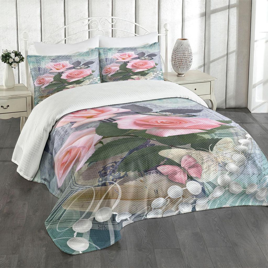 ABAKUHAUS Pearls Tagesdecke Set, Klassische Rosen Perlen Romantische Drastische Liebes Symbole Zusammen Anmut Grafik, 220 x 220 cm, Grau Rosa