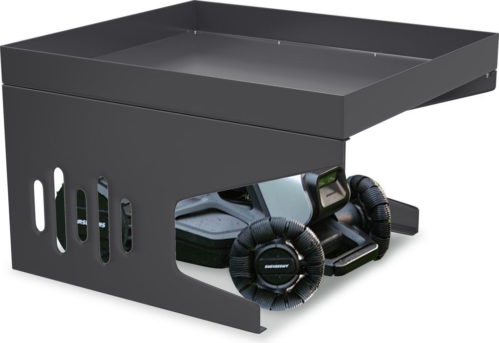 A robotic mower garage with a robotic mower underneath.