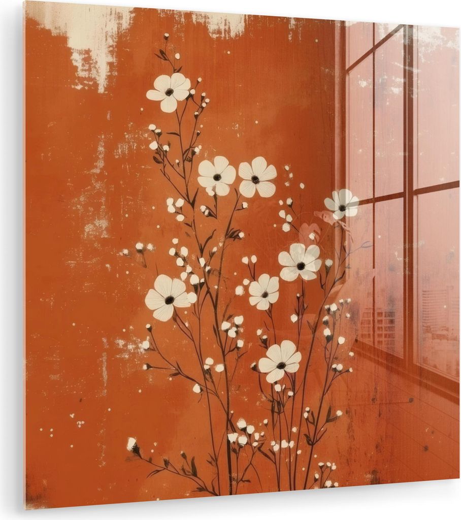 MuchoWow Glasbilder - Bilder auf Wandbild - Foto auf Glas Blumen - Weiß - Dezent - Rostfarbe 50x50 cm Wanddekoration aus Glas - Acrylglasbild - Ac...
