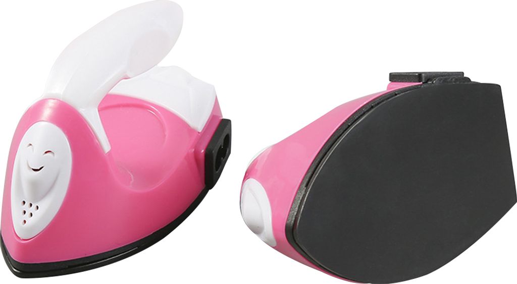 Two views of a pink and white toy iron, one front-facing and one sole-view.