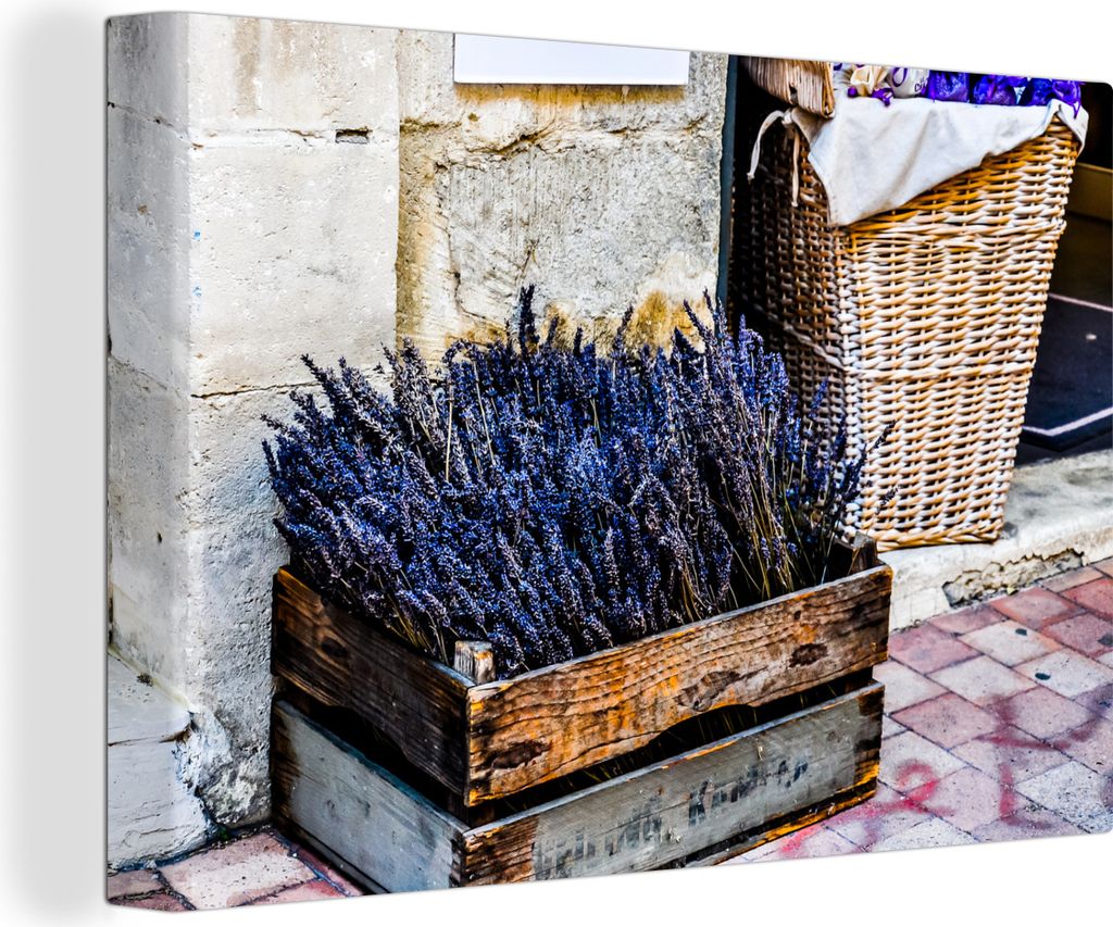 OneMillionCanvasses - Leinwandbilder - 140x90 cm, Lavendel in einer Kiste auf der Straße, Avignon, Frankreich, Wandbilder Kunstdruck Wanddekorat...