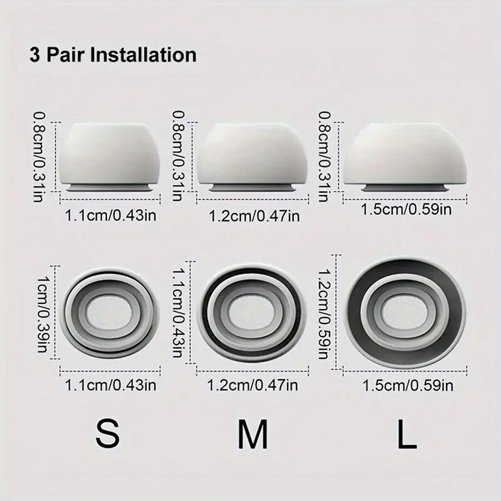 A diagram showing different sizes of earbud tips with measurements.
