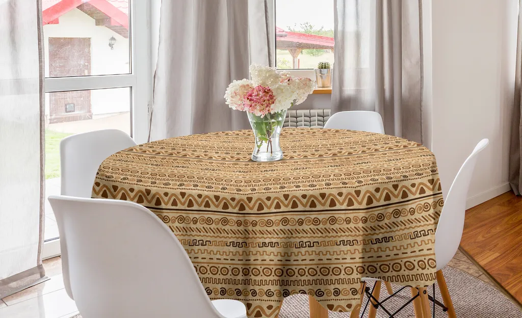 ABAKUHAUS Zambia Tovaglia rotonda, etnica, tovaglia circolare per sala da pranzo, decorazione per cucina, 150 cm, color sabbia marrone caramello