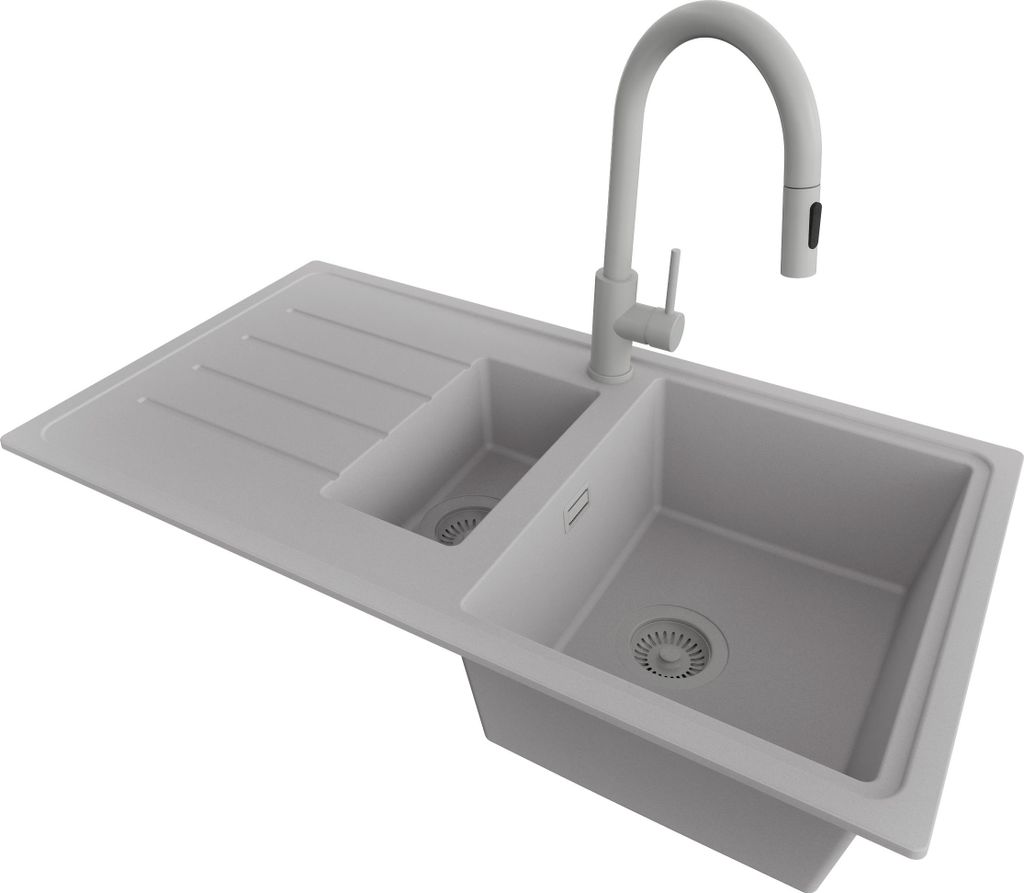 PRIMAGRAN Granitspüle Grau 90x50cm, Spülbecken 1,5 Becken + Küchenarmatur 40x20cm + Ablauf-Set, Küchenspüle ab 60er Unterschrank - Kopenhagen Duo
