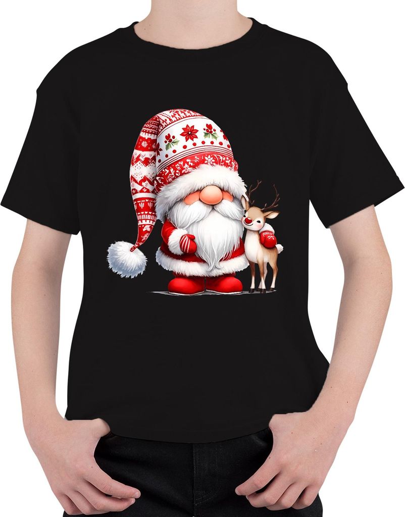 Weihnachtswichtel mit Rentier Rudolph Skandinavisch Wichtel Zwerg Uni Kinder T-Shirt, Schwarz, 128