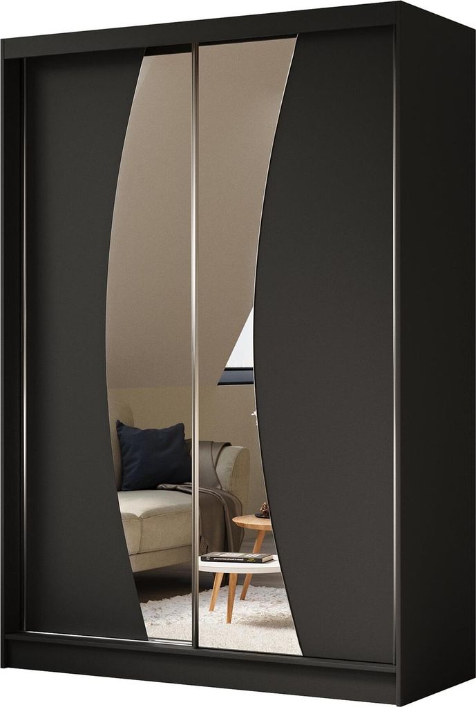 Schwebetürenschrank VOX 150 cm – Kleiderschrank mit Spiegel & Schiebetüren (Schwarz)