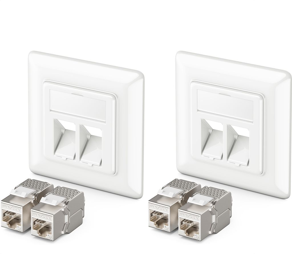 deleyCON 2x Keystone Dose Netzwerkdose Datendose Unterputz 4x Cat 6a Keystone Jack Modul RJ45 Buchse Cat Netzwerk Verlegekabel vollgeschirmt Uni Weiß